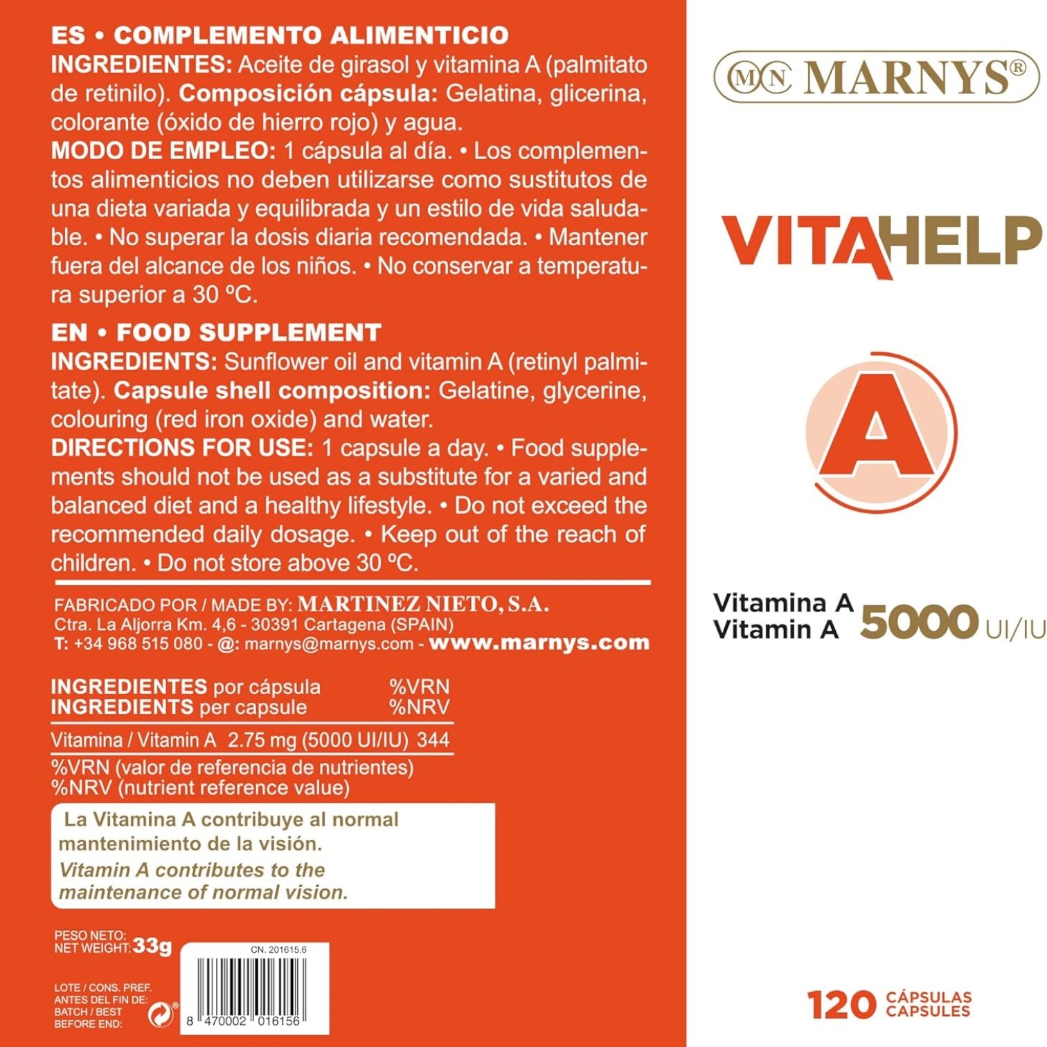 Vitahelp Marnys Vitamina A 120 Cápsulas - Imagen 3