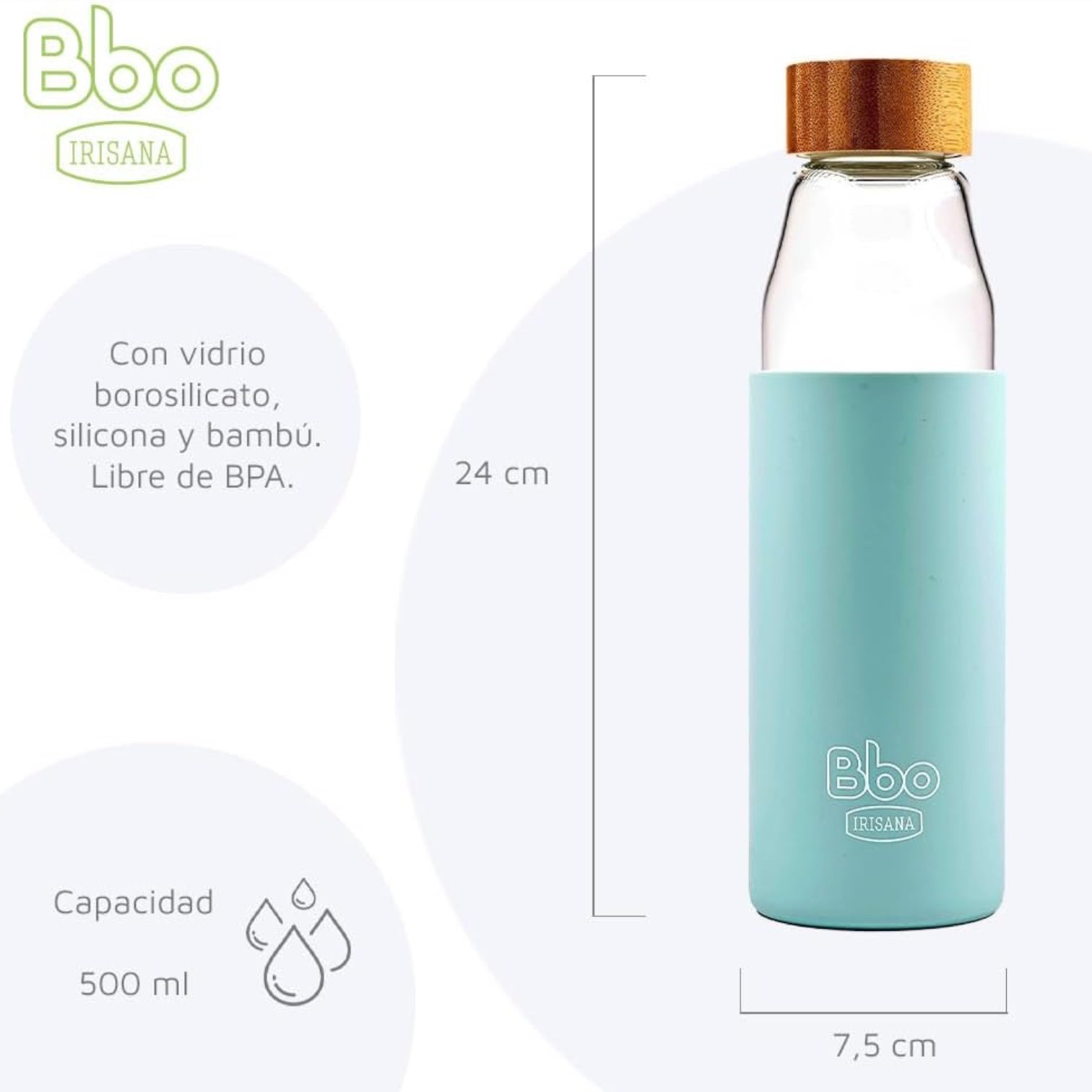 Irisana Botella de Agua Borosilicato y Bambú Azul - Imagen 2